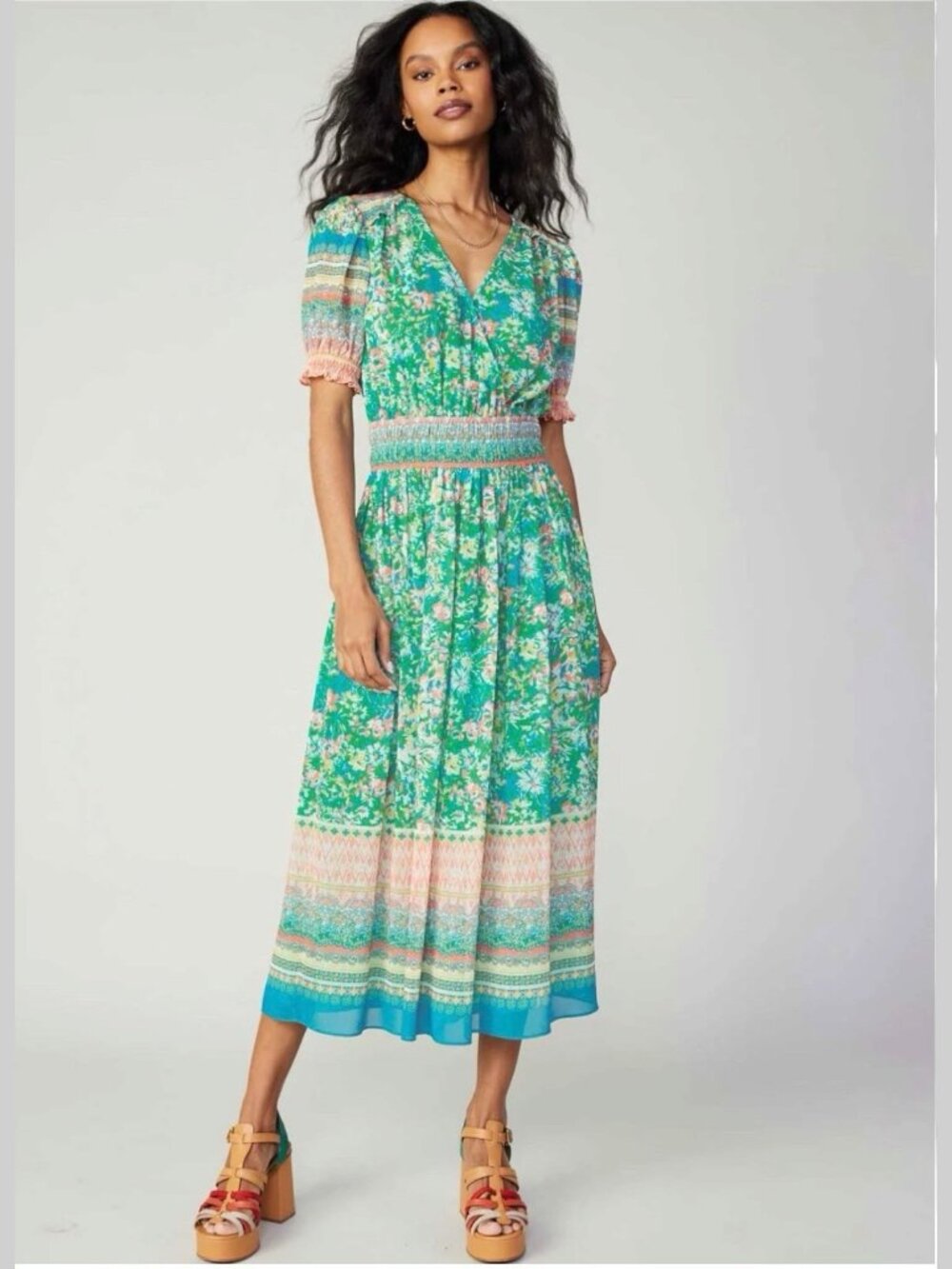 Current Air Green Floral Border Print Surplice Midi Dress XS S M L V-Neck Lined